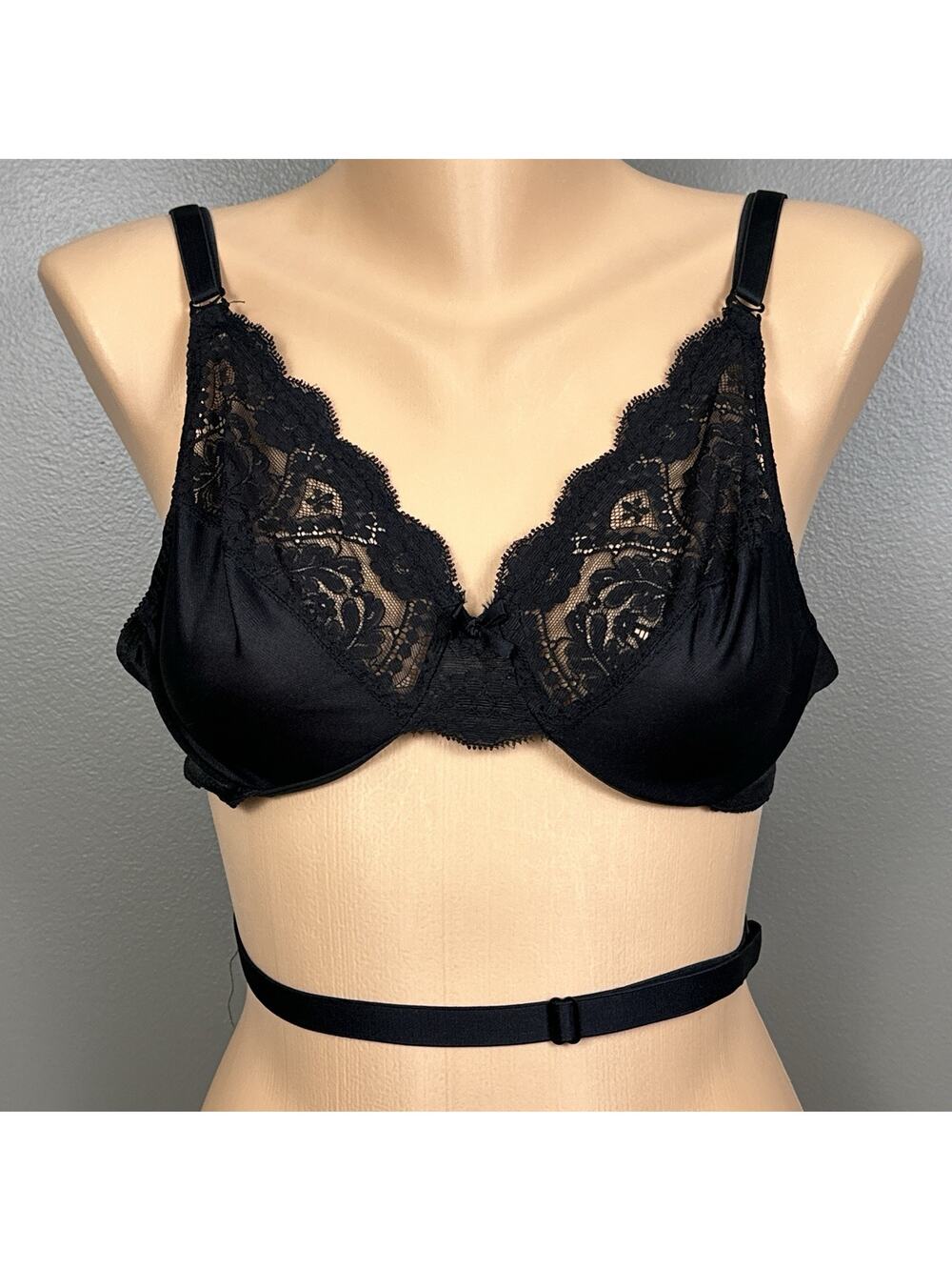 Vintage Vassarette Low Back Bra 36C Black Nylon Lace Underwire USA Made 4255